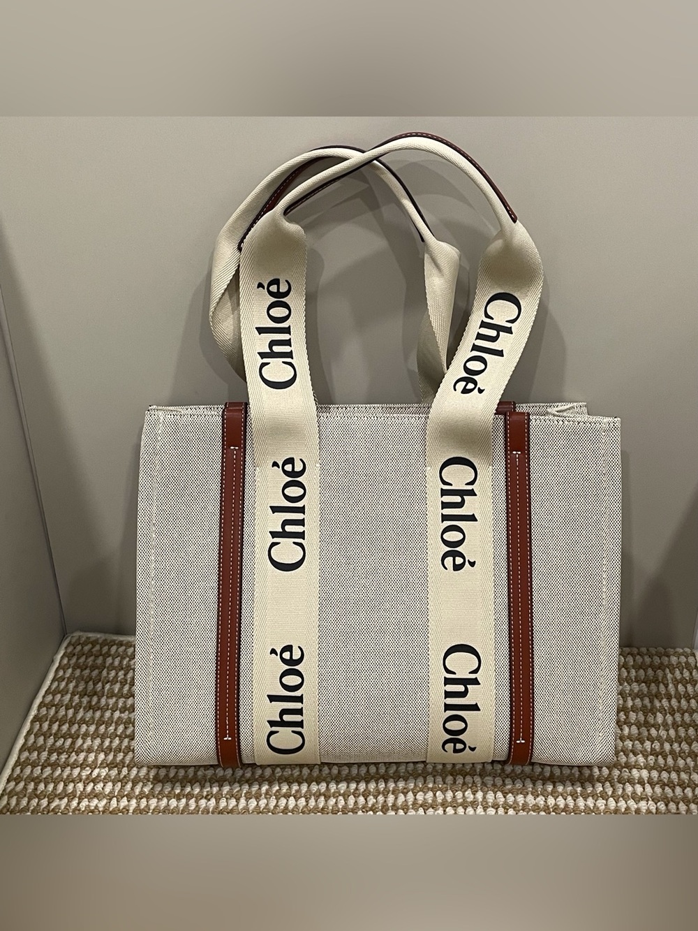 Chloé Canvas Tote Bag in Cream with Brown Trim